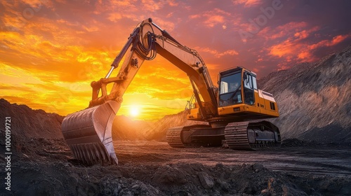 powerful excavator in action at sunset hydraulic arm extended dramatically against fiery sky construction site alive with dust and motion embodying industrial progress