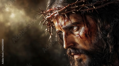 powerful portrait of jesus wearing crown of thorns intense gaze weathered features and dramatic lighting convey deep emotion and spiritual significance hyperrealistic digital painting style