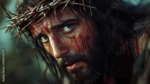 powerful portrait of jesus wearing crown of thorns intense gaze weathered features and dramatic lighting convey deep emotion and spiritual significance hyperrealistic digital painting style