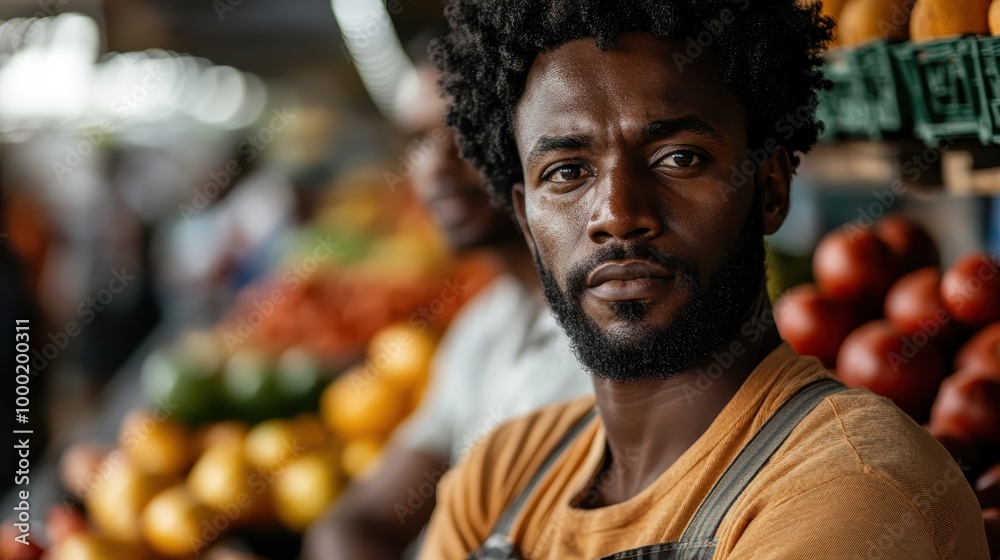 A confident market vendor with an afro stands amid a vibrant display of fresh produce, symbolizing hard work, entrepreneurship, and cultural richness. A confident market vendor with an afro stands amid a vibrant display of fresh produce, symbolizing hard work, entrepreneurship, and cultural richness.