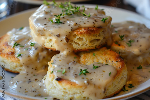 Biscuits and Gravy redefined with truffle infused gravy over homemade biscuits a touch of rustic elegance