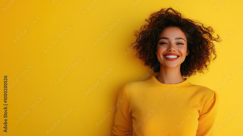 A portrait of a woman with curly hair, smiling warmly against a vivid yellow background, capturing joy, positivity, and vibrant energy in a modern setting. A portrait of a woman with curly hair, smiling warmly against a vivid yellow background, capturing joy, positivity, and vibrant energy in a modern setting.
