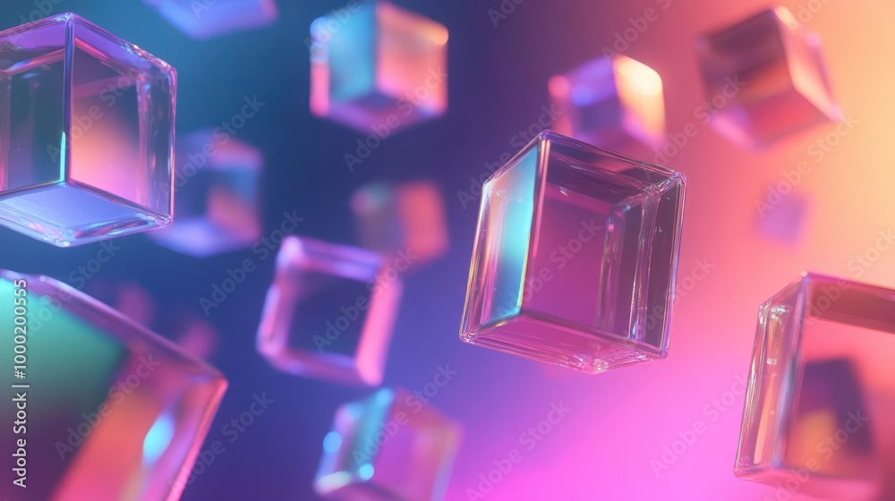 prismatic 3d glass cubes floating in space emitting vibrant iridescent light creating a mesmerizing holographic gradient effect prismatic 3d glass cubes floating in space emitting vibrant iridescent light creating a mesmerizing holographic gradient effect