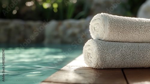 A serene, inviting poolside scene featuring meticulously rolled white towels stacked on a wooden surface, suggesting relaxation and cleanliness. photo