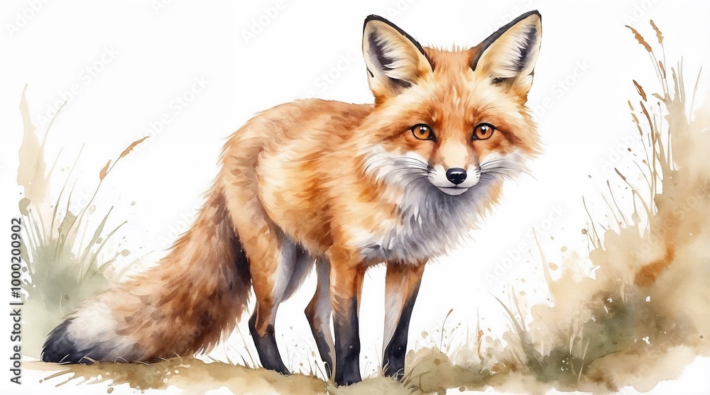 Fototapeta premium Beautiful fox standing elegantly in a grassy landscape, vibrant watercolor style