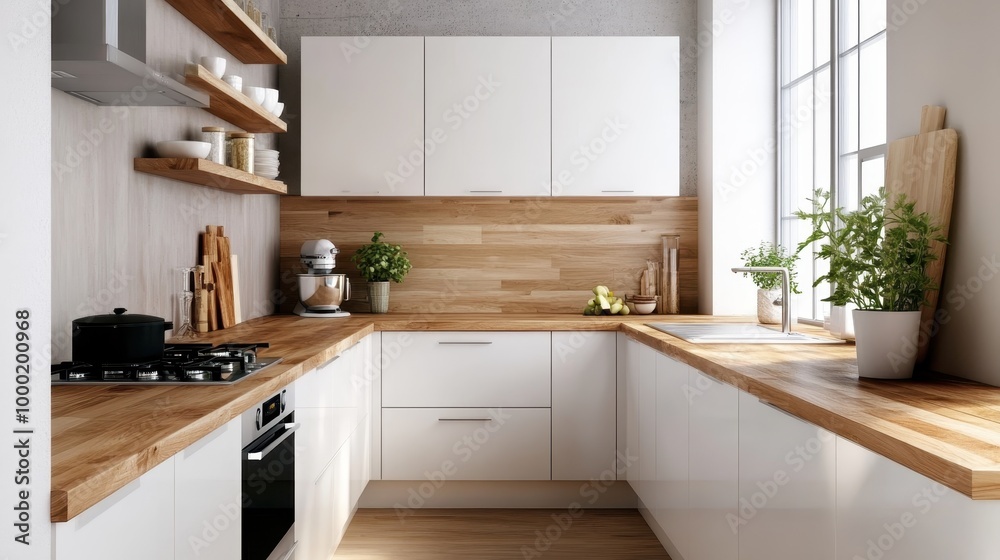 A modern kitchen with white cabinets, wooden countertops, and natural light flowing through large windows, creating a clean and aesthetically pleasing cooking environment. A modern kitchen with white cabinets, wooden countertops, and natural light flowing through large windows, creating a clean and aesthetically pleasing cooking environment.