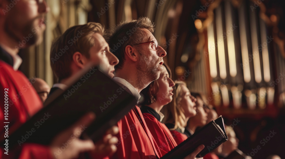 Choir Singing in a Cathedral with Organ Pipes in the Background During a Religious Ceremony Choir Singing in a Cathedral with Organ Pipes in the Background During a Religious Ceremony