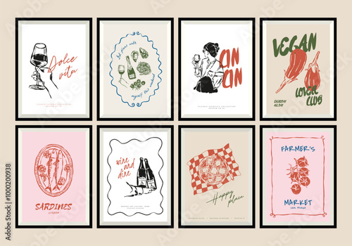 Minimal hand drawn vector dolce vita illustration set with aesthetic quote in a poster frame. Food and beverage doodles. Matisse style illustrations.