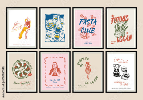 Minimal hand drawn vector dolce vita illustration set with aesthetic quote in a poster frame. Food and beverage doodles. Matisse style illustrations.