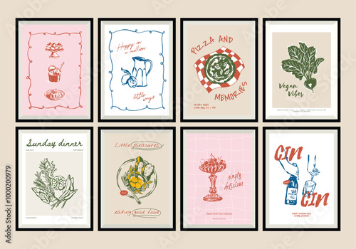 Minimal hand drawn vector dolce vita illustration set with aesthetic quote in a poster frame. Food and beverage doodles. Matisse style illustrations.