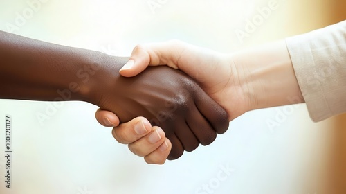 professional handshake closeup diverse hands clasped firmly crisp business attire sunlit modern office interior symbol of partnership and diversity photo