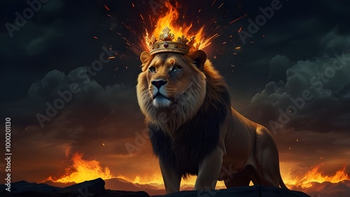 Christian conceptual art depicting a lion crown. fire background