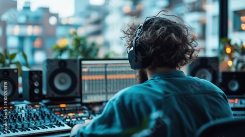 Music producer engrossed in work at a mixing desk in a contemporary studio apartment adorned with plants, dedicated to perfecting a track, surrounded by professional audio equipment.