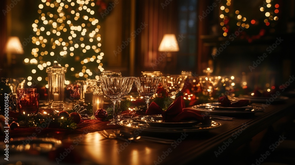 A glowing festive table with candles and decorations under soft lighting. A glowing festive table with candles and decorations under soft lighting.