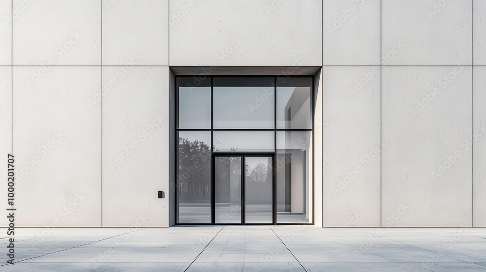 Minimalist bank exterior with a flat, smooth concrete wall, large glass doors, and minimal signage, Brutalism, cool tones, clean lines Minimalist bank exterior with a flat, smooth concrete wall, large glass doors, and minimal signage, Brutalism, cool tones, clean lines