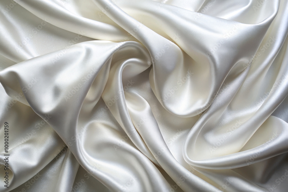Obraz premium Soft and luxurious white satin fabric draped elegantly on a tabletop with delicate folds and curves highlighting its sheen. Generative AI