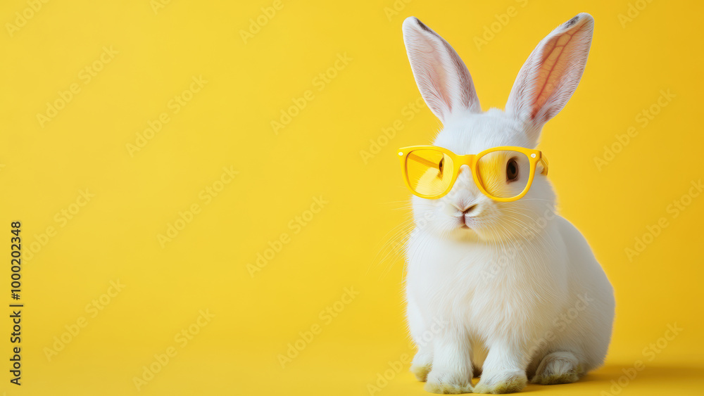 Obraz premium White rabbit wearing yellow glasses on a yellow background.