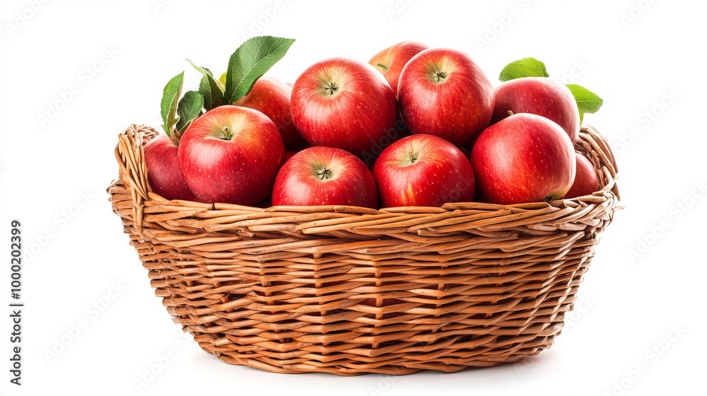 A basket filled with fresh red apples, isolated on a white background A basket filled with fresh red apples, isolated on a white background