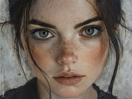 Intense Gaze: A Close-Up Portrait of a Woman with Freckles photo