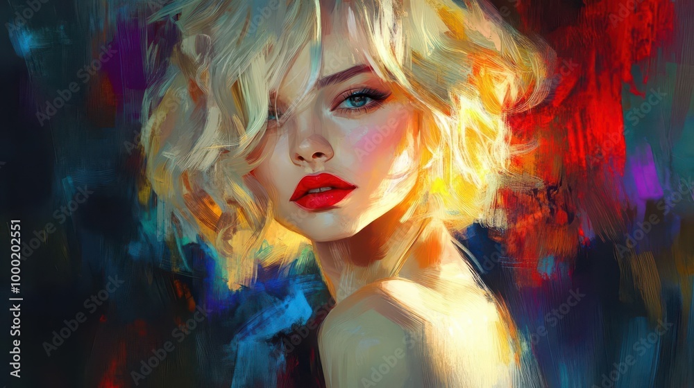 Fototapeta premium radiant blonde model with short curly hair and vibrant red lips exuding confidence and beauty digital painting