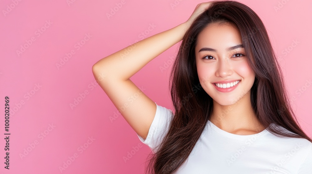 A beautiful asian woman with long hair is smiling and touching the side of her head. She is wearing a white t shirt against a pastel pink background