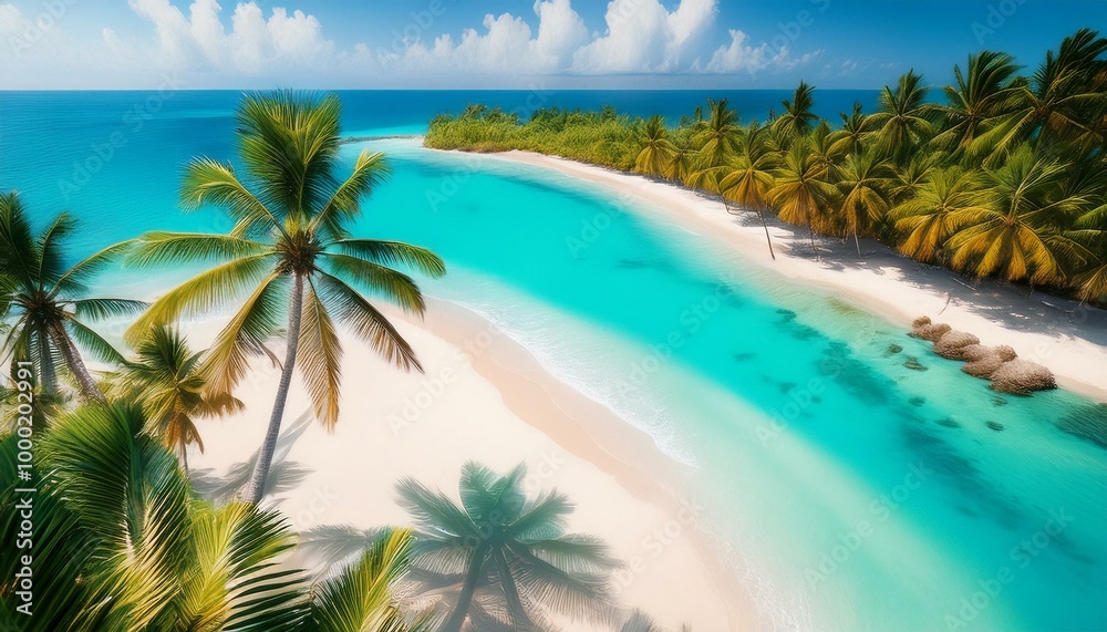 aerial view of tropical beach in the ocean and turquoise water ; landscape scene from drone aerial view of tropical beach in the ocean and turquoise water ; landscape scene from drone
