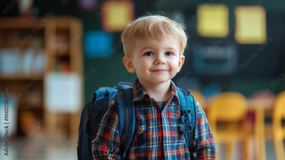 Cute Boy with Backpack in Classroom Cute Boy with Backpack in Classroom