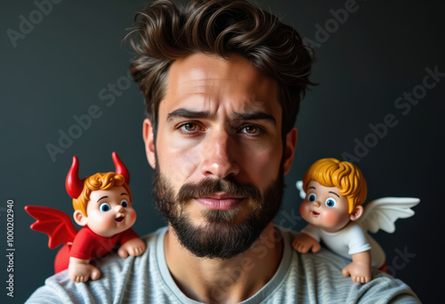 Pensive man with angel and devil figurines on shoulders, symbolizing internal conflict and decision-making. Ideal for concepts of conscience, choices, and moral dilemmas.