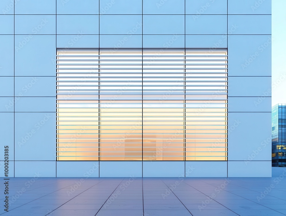 Bank facade with horizontal slats, large seamless windows, and a minimalist logo, Industrial minimalism, neutral palette, sharp details Bank facade with horizontal slats, large seamless windows, and a minimalist logo, Industrial minimalism, neutral palette, sharp details