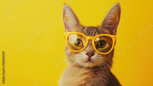 Cute cat wearing yellow sunglasses on a yellow background.