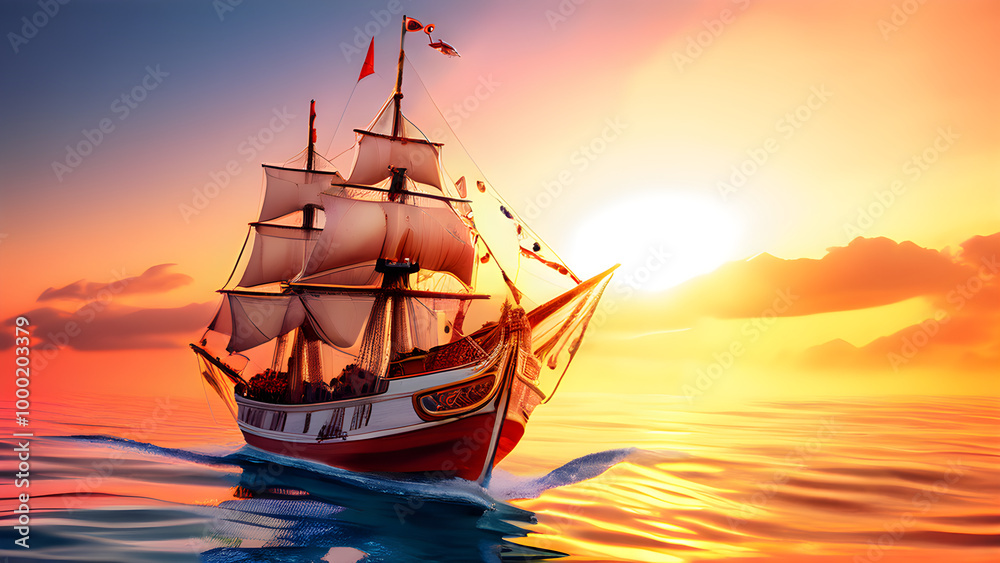 Fototapeta premium sailing ship in the sunset