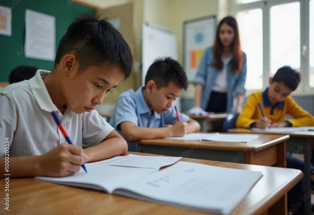 Young students concentrating on writing tasks at their desks while a teacher observes, creating a focused learning environment in a classroom setting Young students concentrating on writing tasks at their desks while a teacher observes, creating a focused learning environment in a classroom setting