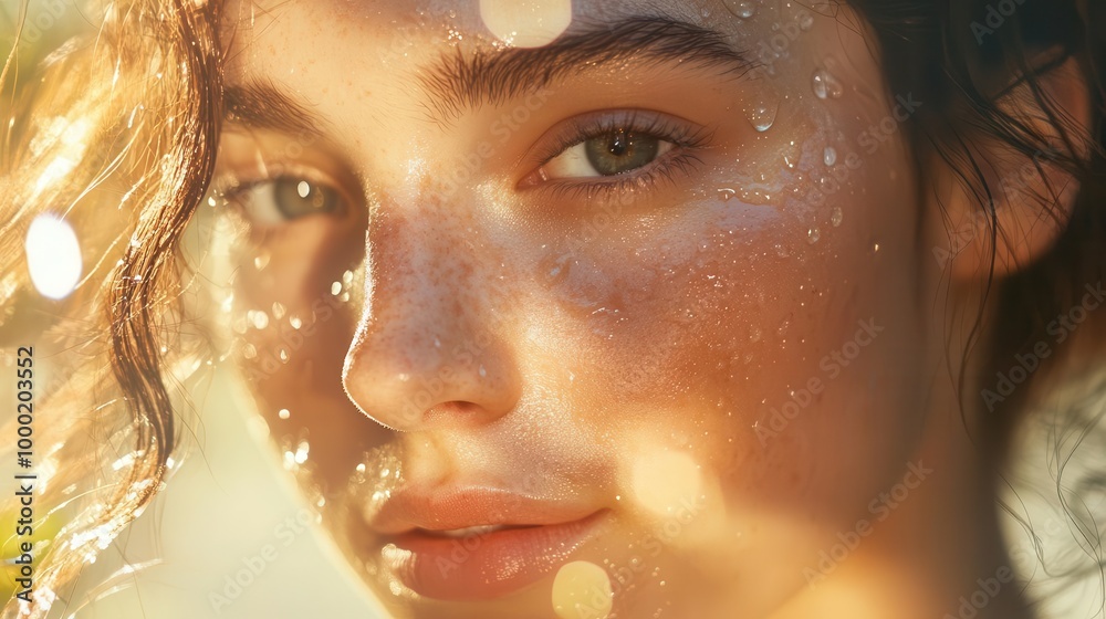 radiant woman with flawless skin in ethereal lighting soft focus background of botanical elements dewdrops glistening on skin embodying natural beauty and selfcare radiant woman with flawless skin in ethereal lighting soft focus background of botanical elements dewdrops glistening on skin embodying natural beauty and selfcare