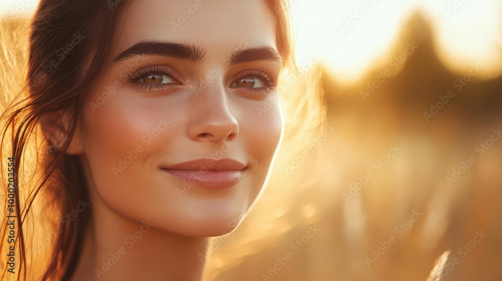 radiant woman with flawless skin in soft focus warm golden hour lighting gentle smile minimalist background highlighting natural beauty skincare concept radiant woman with flawless skin in soft focus warm golden hour lighting gentle smile minimalist background highlighting natural beauty skincare concept