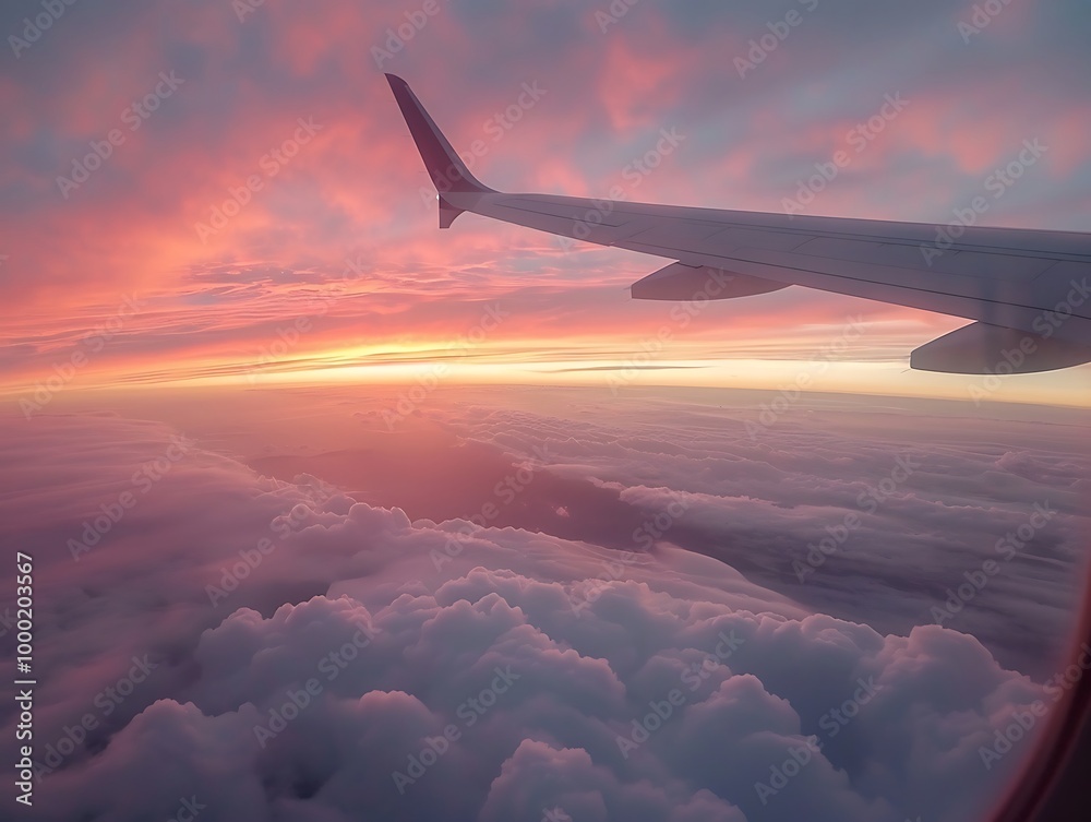 Fototapeta premium View from airplane window on beautiful cloudy sky at sunset or sunrise.