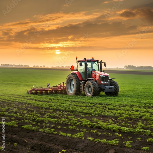 A red tractor cultivating a wide green field