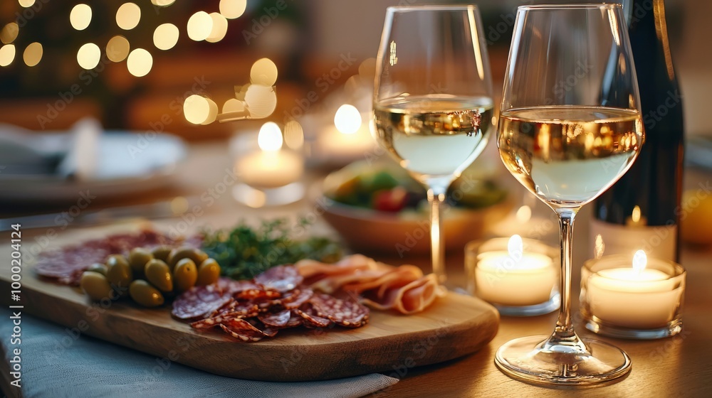 A rustic table set for a romantic dinner, with two glasses of white wine, candles, and a charcuterie board arranged artfully in soft, warm lighting A rustic table set for a romantic dinner, with two glasses of white wine, candles, and a charcuterie board arranged artfully in soft, warm lighting
