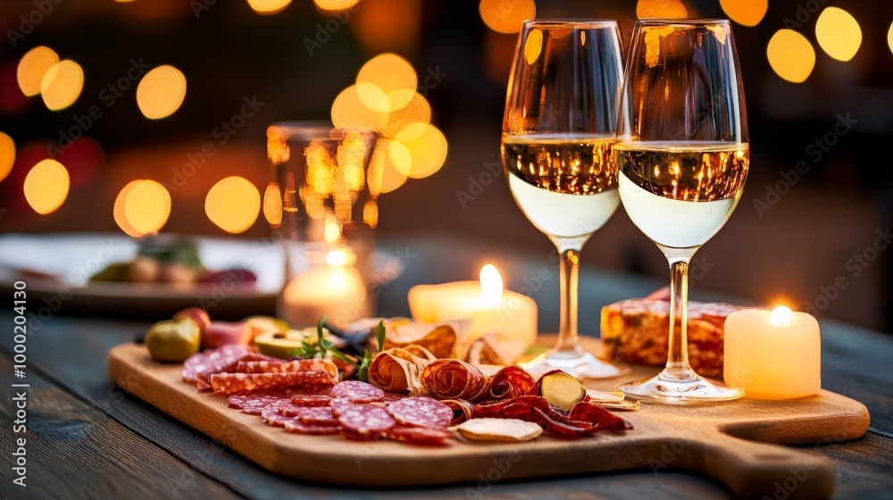 A rustic table set for a romantic dinner, with two glasses of white wine, candles, and a charcuterie board arranged artfully in soft, warm lighting A rustic table set for a romantic dinner, with two glasses of white wine, candles, and a charcuterie board arranged artfully in soft, warm lighting