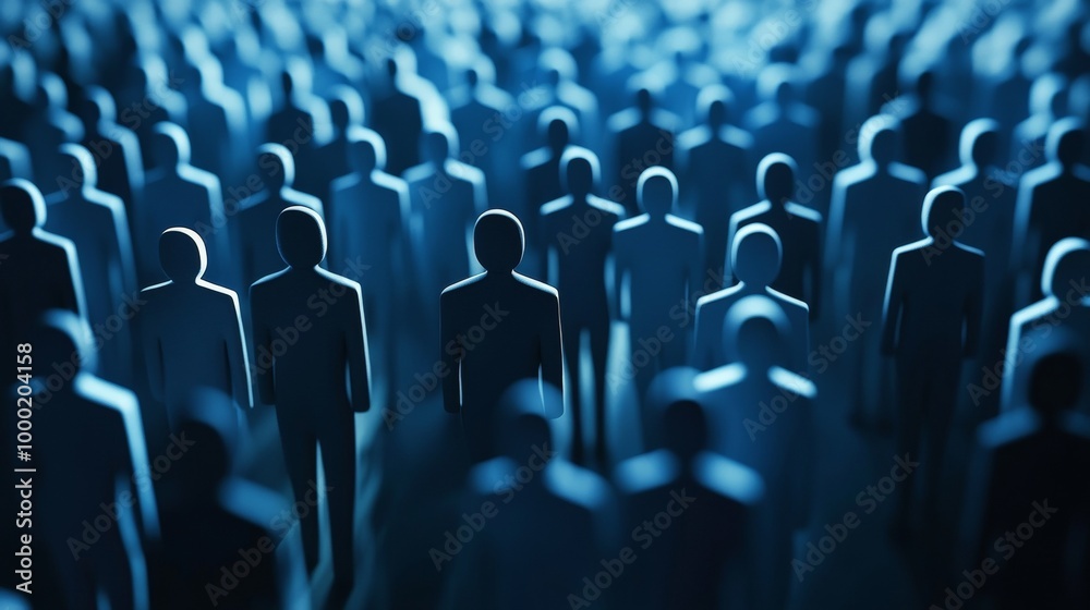 Naklejka premium Crowd of Abstract Human Figures with Blue Lighting