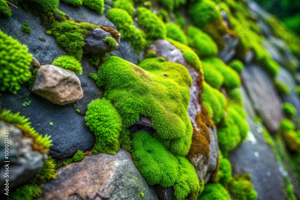 Close-up of moss-covered rock wall texture Close-up of moss-covered rock wall texture