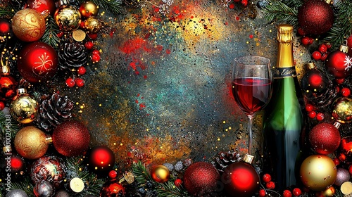   A bottle of wine and a glass of wine on a table surrounded by Christmas decorations and Baubel balls photo