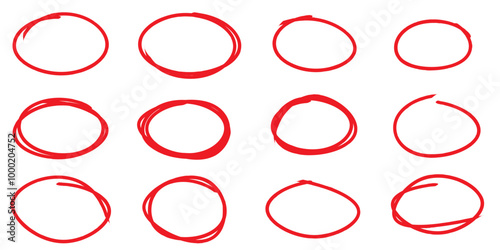 Red oval brush round frame in doodle vignetting marker vibes. Hand drawn ink. Vector icons in flat style