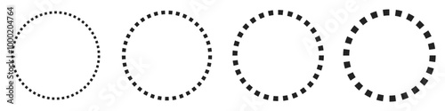 Rounded dashed dotted radial circular black line illustration in 4 variations. Vector icons in flat style