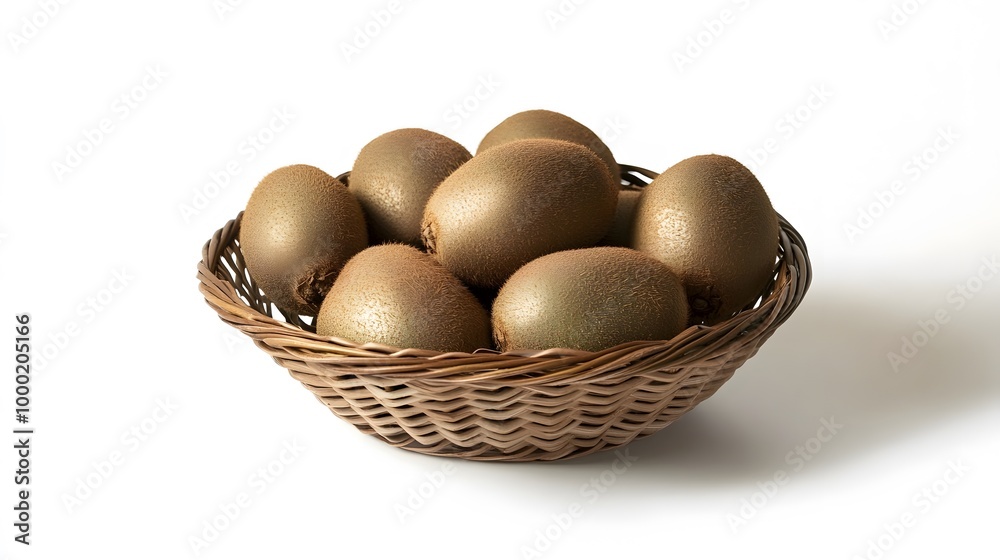 Realistic arrangement of ripe kiwis in a small wicker basket on a white background, showcasing their fuzzy brown skin and bright green flesh Realistic arrangement of ripe kiwis in a small wicker basket on a white background, showcasing their fuzzy brown skin and bright green flesh
