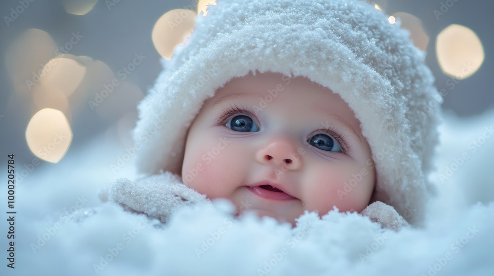 Baby in Cozy Winter Hat Surrounded by Snow Baby in Cozy Winter Hat Surrounded by Snow