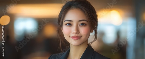 young east asian businesswoman standing confidently in a sleek modern hotel lobby showcasing her professionalism and elegance with a contemporary design background