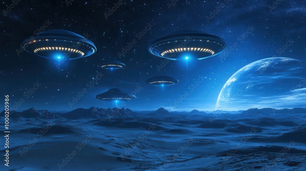 retrofuturistic ufo fleet metallic saucers with pulsating lights ...