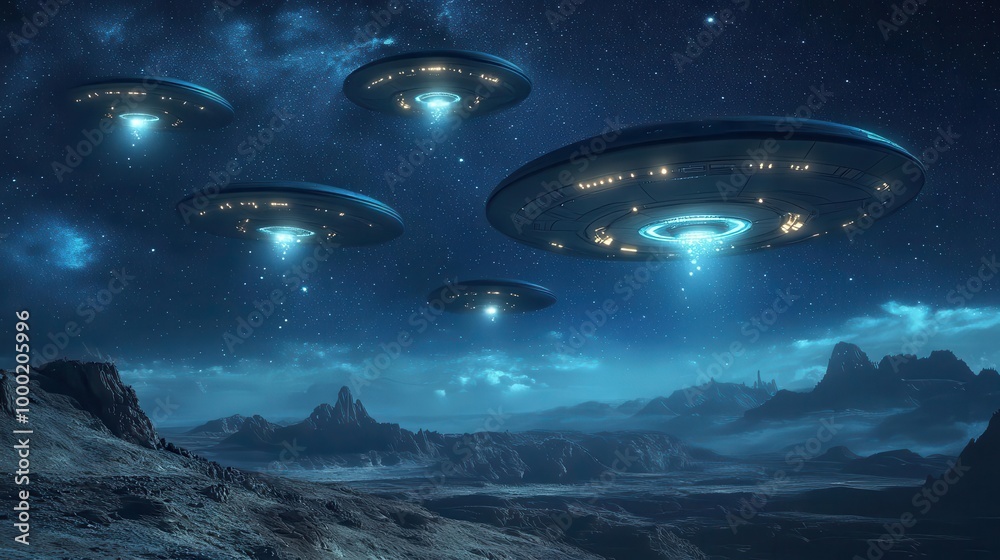 retrofuturistic ufo fleet metallic saucers with pulsating lights ...