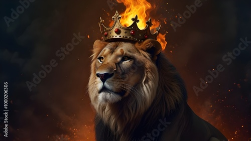 Christian conceptual art depicting a lion crown. fire background