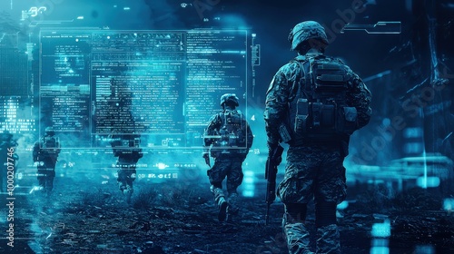 A futuristic communication interface displaying encrypted data transmission between soldiers in the field, emphasizing secure and advanced military communication technology